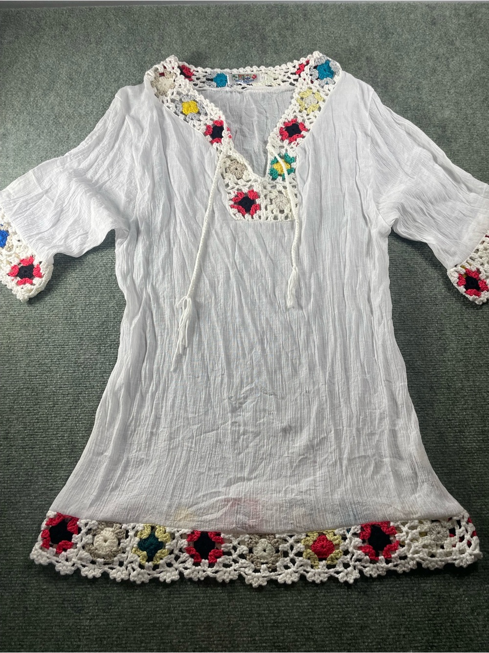 India Boutique White Swim Tunic with Multicolor Crochet Accents